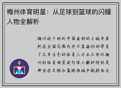 梅州体育明星：从足球到篮球的闪耀人物全解析